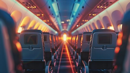 An empty airplane cabin with a bright light at the end of the aisle. - obrazy, fototapety, plakaty