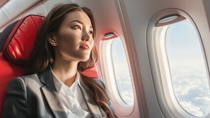 Fototapeta premium Thoughtful businesswoman looking out airplane window during flight.