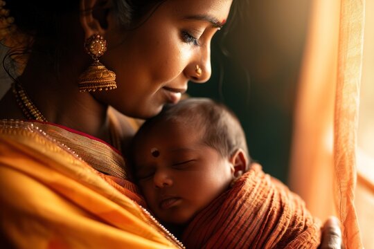 The painting reflects the tender care of an Indian mother watching her sleeping newborn, embodying the essence of family
