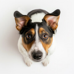 Jack Russell Terrier dog looking up,  happy expression, isolated white background, concept of healthy, happy, training