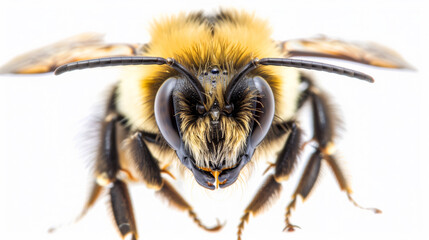 A close up of a honey or bumble bee on a isolated white background