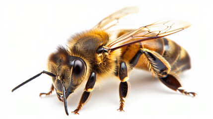 A close up of honey bee on an white isolated background