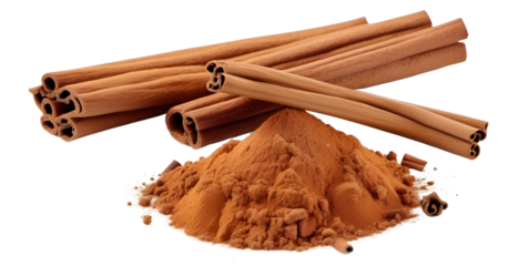 Cinnamon sticks and powder on a transparent background, png