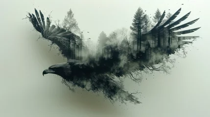 Fotobehang Graphic illustration in the form of a silhouette of an eagle and nature inside. Landscape with forest. © Ibad
