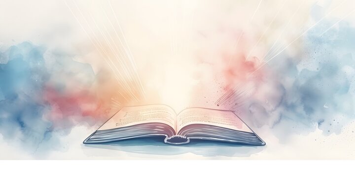 an open book with white rays in the style of watercolor illustration, the concept of educational resources, development and learning new things,copy space