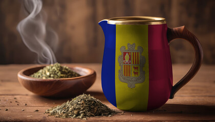 A teapot with the Andorra flag printed on it is on the table, next to it is a mug of tea and green tea is scattered. Concept of tea business, friendship, partnership - obrazy, fototapety, plakaty