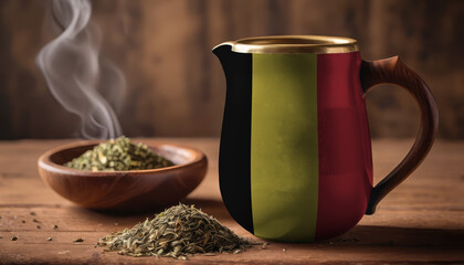 A teapot with the Belgium flag printed on it is on the table, next to it is a mug of tea and green tea is scattered. Concept of tea business, friendship, partnership