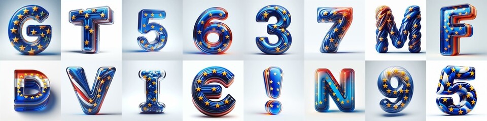 Glass letters shape in colors EU flag 3D Lettering Typeface. AI generated illustration
