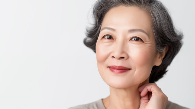 a closeup photo portrait of a beautiful senior asian woman looking forward ad with copy-space