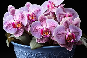 Pink and Purple Orchid Flowers in Modern Ceramic Pot, Exotic Orchid in Full Bloom with Green Leaves