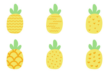 Set of pineapples with different patterns in flat style