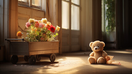 tender teddy bear with flowers in a box