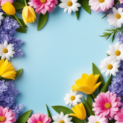 Spring flowers with frame for text happy easter camomile tupil postcard card design blue background March 8 women day