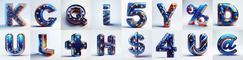 Glass letters shape in colors EU flag 3D Lettering Typeface. AI generated illustration