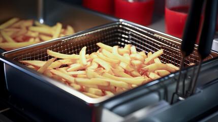 Cooking french fries in a kitchen deep fryer