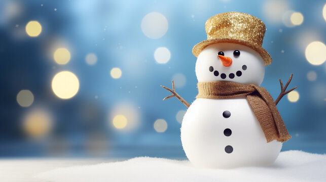 Image of a snowman clipart with bokeh in gold and blue in the background