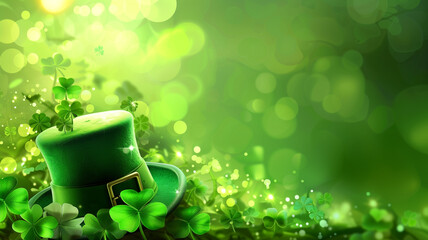 Saint Patrick's Day background with green leprechaun hat and bokeh lights - obrazy, fototapety, plakaty