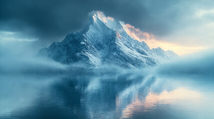 A breathtaking view of a mountain peak piercing through a layer of clouds, reflected in tranquil waters below.