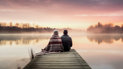 Image of a couple wrapped in a warm blanket sitting on a wooden dock by a lake enjoying a serene sunrise - obrazy, fototapety, plakaty