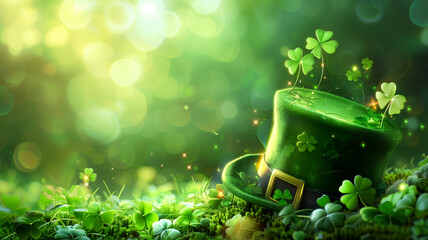 Saint Patrick's Day, decorative background with green leprechaun hat and bokeh lights - obrazy, fototapety, plakaty