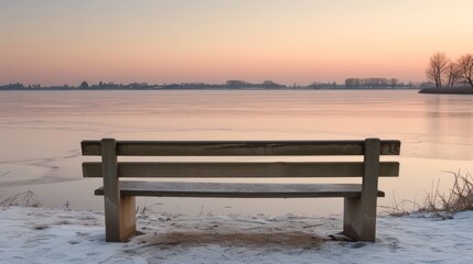 Fototapeta na wymiar a wooden bench sitting on top of a snow covered ground next to a body of water with a sunset in the background.