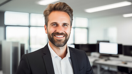 Portrait of a handsome man 40 years old, entrepreneur with a smile on his face in a light background modern office