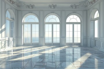 Elegant empty room with large windows, sea view, and sunlight casting shadows on the floor.