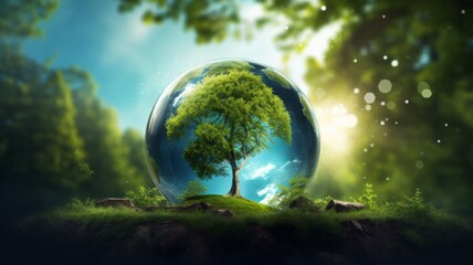 Conceptual image of a tree inside a transparent globe, symbolizing environmental protection and nature conservation.