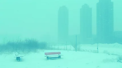 Fototapeten a bench sitting in the middle of a snow covered field with tall buildings in the background on a foggy day. © Anna