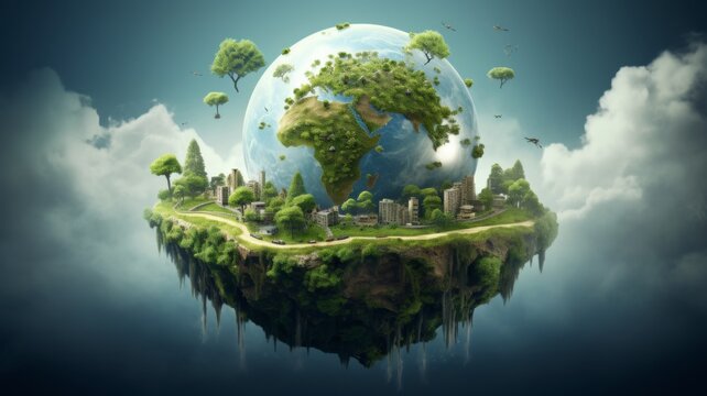Surreal floating earth with green landscapes and trees, depicting a fantasy world or eco-friendly concept.