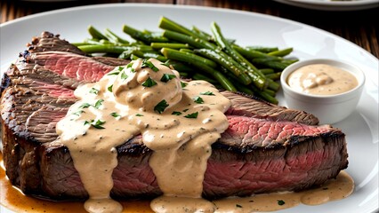 Grilled meat with sauce on a plate. Oriental cuisine.