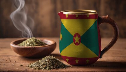 A teapot with the Grenada flag printed on it is on the table, next to it is a mug of tea and green tea is scattered. Concept of tea business, friendship, partnership - obrazy, fototapety, plakaty