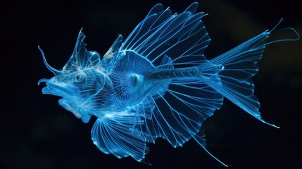 a close up of a blue fish in the water with it's head turned to look like a fish.