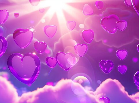 Colorful purple hearts spread across a cloudy background, luminous spheres, romantic illustrations, use of light and shadow, sunrays shine upon it, neo-pop iconography, matte photo, rounded forms.