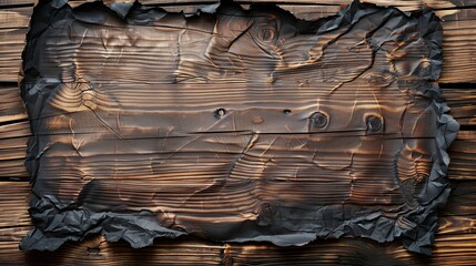 Paper sheet with burnt edges on wooden surface concept wallpaper background