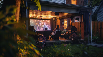Obraz na płótnie Canvas A backyard movie night with a projector, screen, and cozy seating for a memorable outdoor cinema experience — Creation and Development, Success and Achievement, Love and Respect