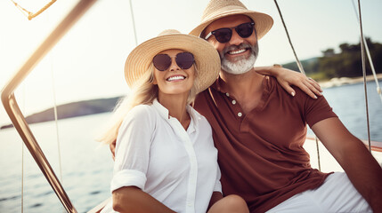 Senior couple sailing on a boat, wearing a summer outfit with sunglasses and a hat