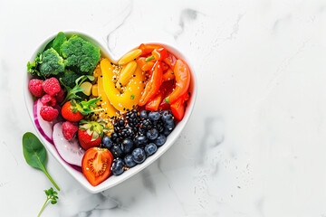 Heart shaped plate with healthy food on white background. - 745365242