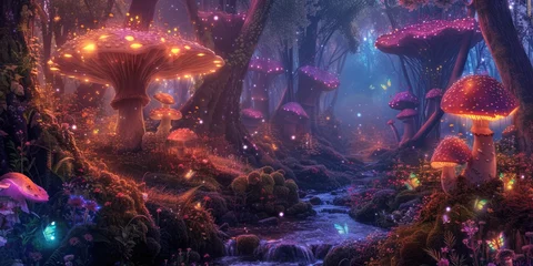Rolgordijnen An ethereal scene of an enchanted forest illuminated by the soft glow of mystical, oversized mushrooms along a serene stream. Resplendent. © Summit Art Creations