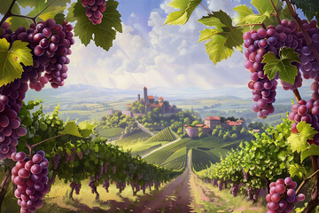 Ripe grapes dangle in a vineyard. A castle can be seen in the background - obrazy, fototapety, plakaty