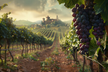 Ripe grapes dangle in a vineyard. A castle can be seen in the background - obrazy, fototapety, plakaty
