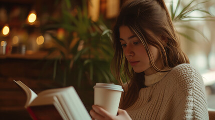 Uma jovem mulher desfrutando de um momento tranquilo com um café quente em um café aconchegante...