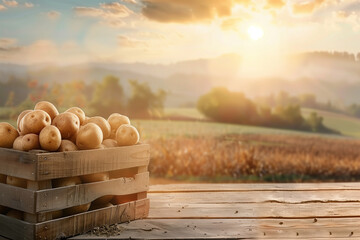 Potatoes harvested in a wooden box with field and sunset in the background. - obrazy, fototapety, plakaty