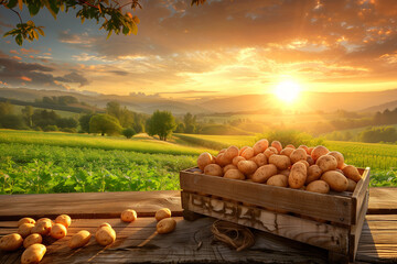 Potatoes harvested in a wooden box with field and sunset in the background. - obrazy, fototapety, plakaty