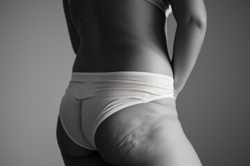 Woman in white panties with cellulite on buttocks. - obrazy, fototapety, plakaty