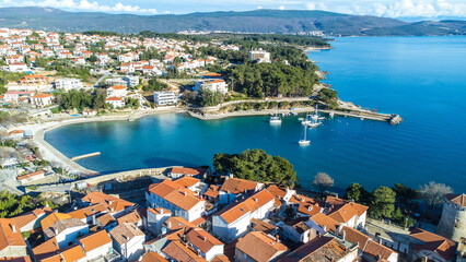 Aerial view of the enchanting town of Krk on the island of Krk in Croatia, captured from a drone.