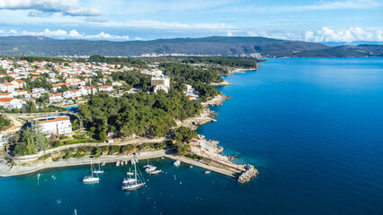 Fototapeta premium Aerial view of the enchanting town of Krk on the island of Krk in Croatia, captured from a drone.