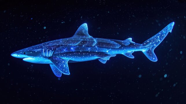 a picture of a shark that is glowing blue and has a lot of stars on it's body and it looks like it is floating in the water.