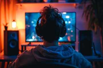 women sits in front of the TV and streams series