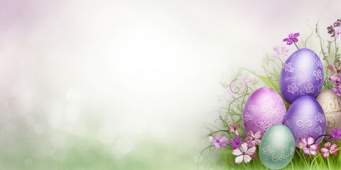 Naklejka na ściany i meble stylish delicate Easter banner with colored eggs, delicate flowers and greenery, on a defocused background with a place for text, the concept of creative Easter design, advertising and greeting cards